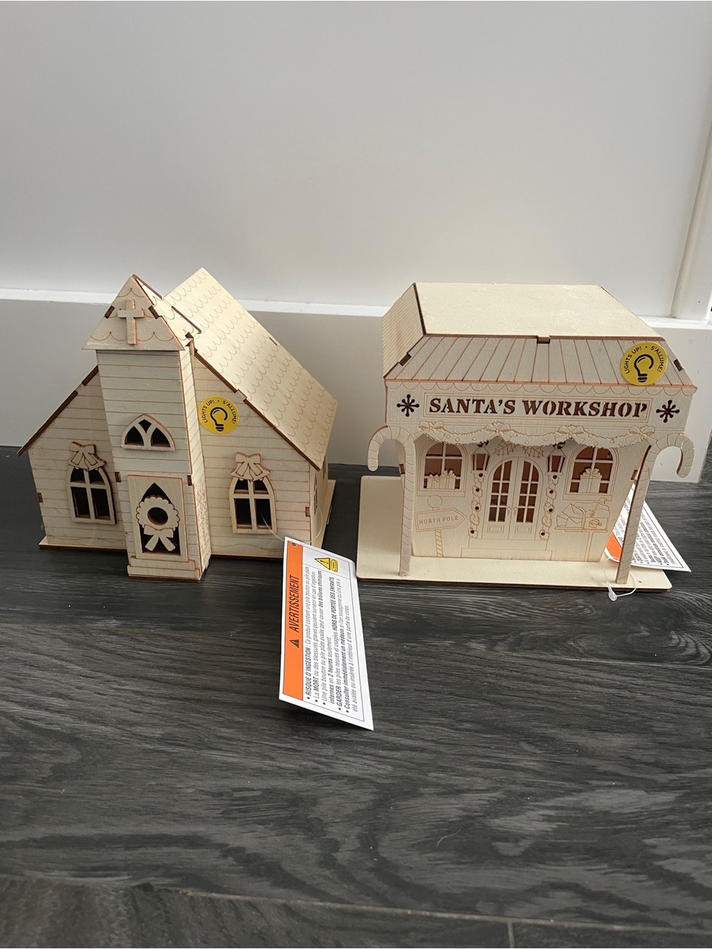 Wooden Santa's Workshop & Church - Natural Wood Paintable and Lights Up